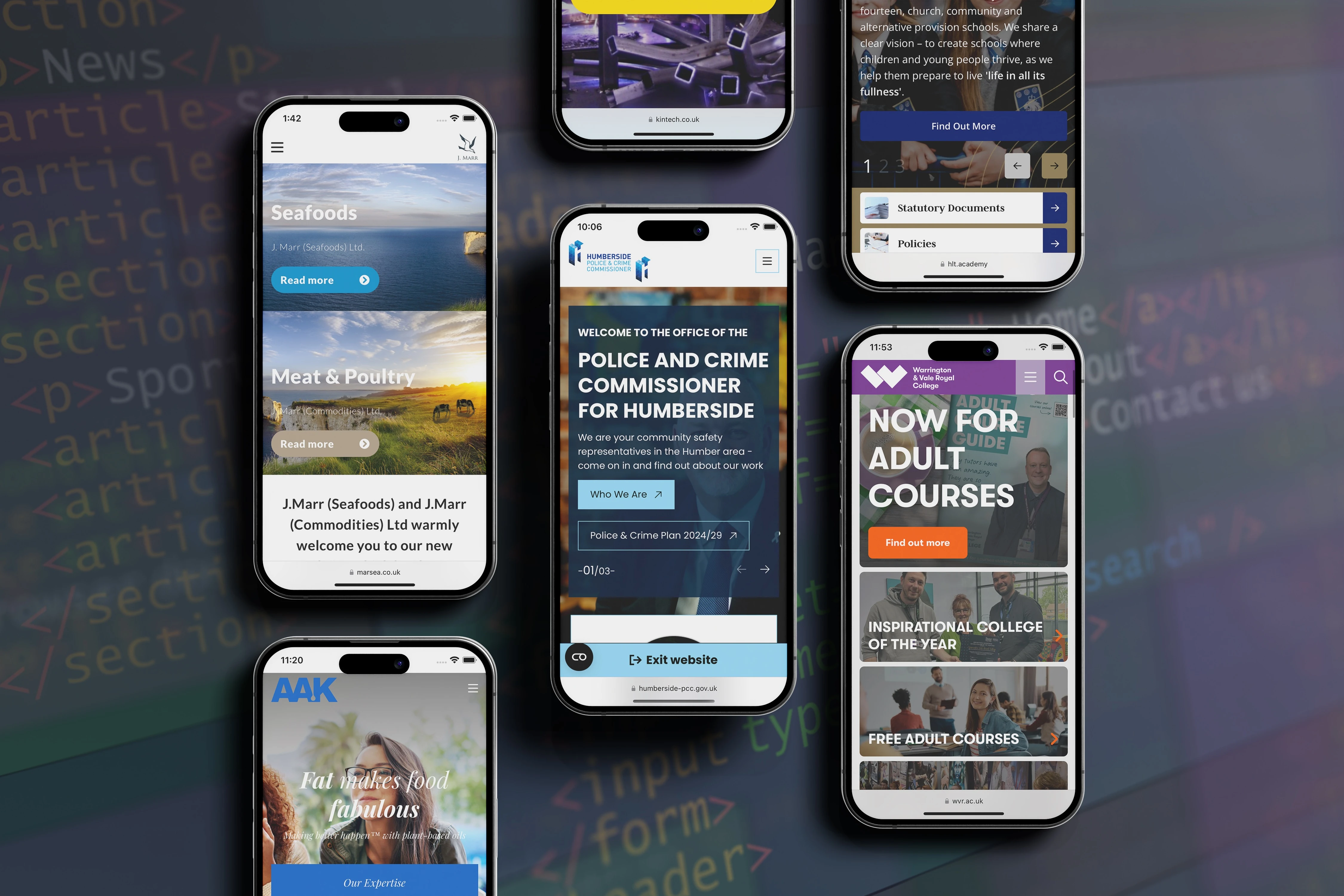 A collage of phones showing websites