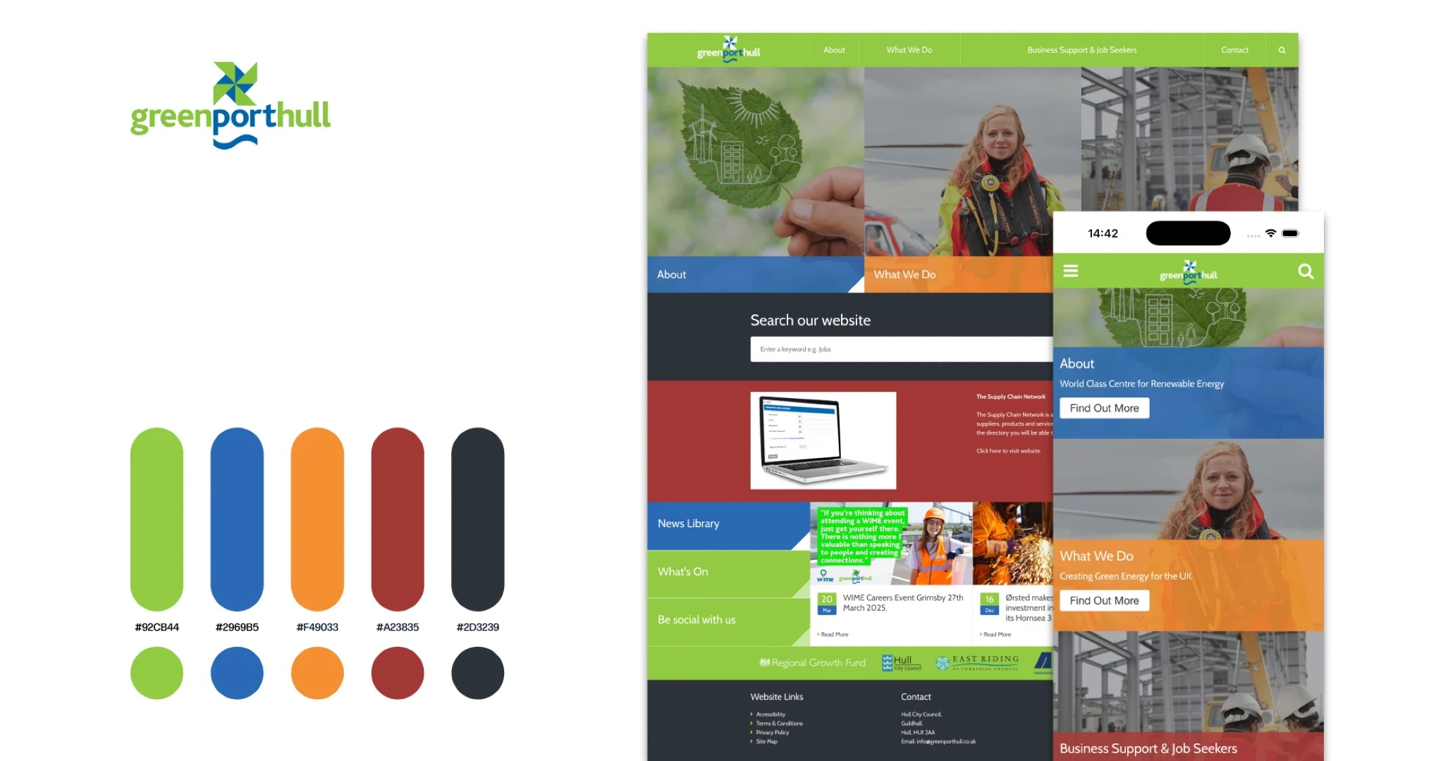 Greenport home page and colour swatches