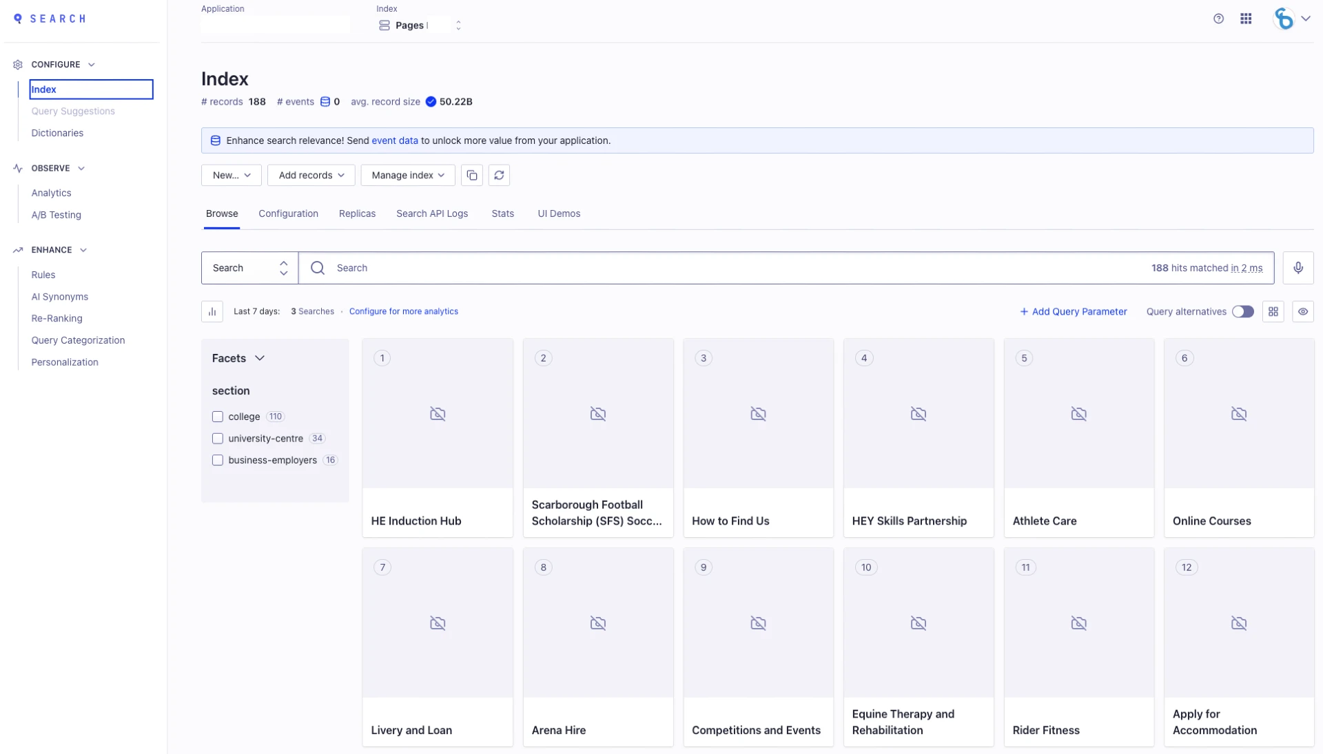 Index overview in Algolia